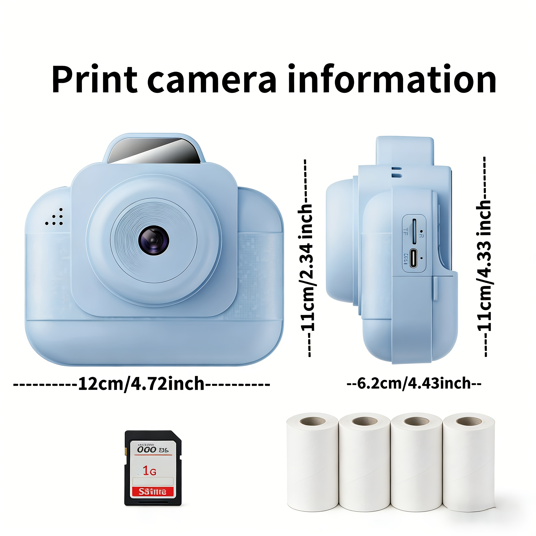 Thermal Printer - 휴대용 포토 프린터(블루) 충전식 배터리와 4롤의